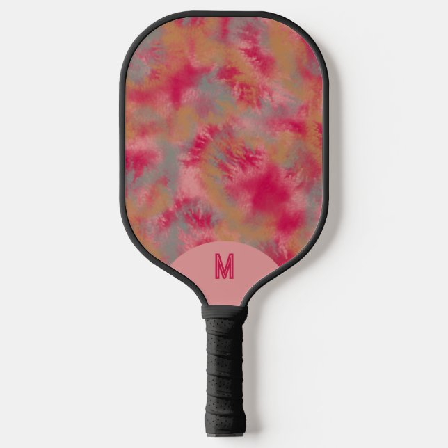 Bohemian Tie-dyed Vibrant Pink Monogramed Pickleball Paddle (Front)