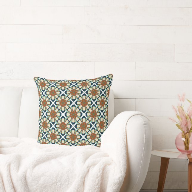 Bohemian Tile-Inspired Fabric with Rust, Teal, and Throw Pillow (Couch)