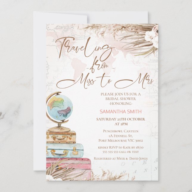 Bohemian Traveling Miss to Mrs Bridal Shower Invitation (Front)