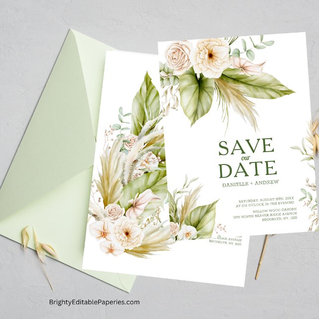 Bohemian Tropical Dedicated Pampas Grass Wedding   Save The Date (Boho Pampas Love: Save the Date for Our Tropical Bohemian Wedding.)