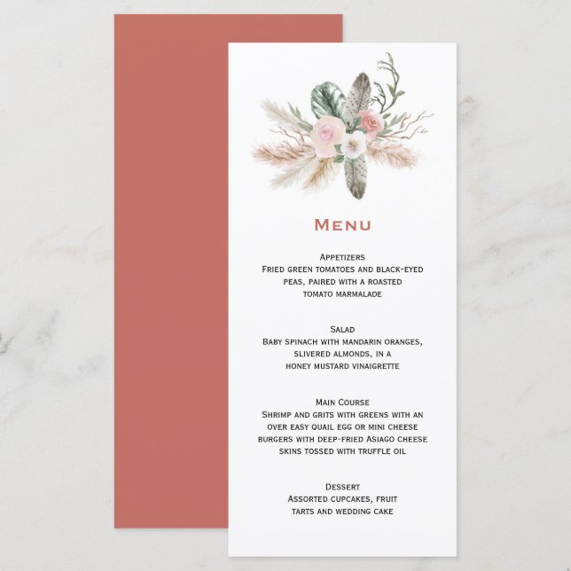 Bohemian Tropical Feathers Pampas Grass Wedding Menu (Front/Back)