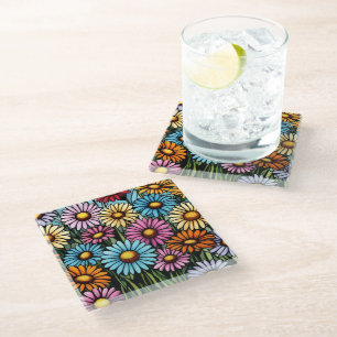 Bohemian Vibrant Daisies - Stained Glass Look Coaster