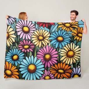 Bohemian Vibrant Daisies - Stained Glass Look Fleece Blanket