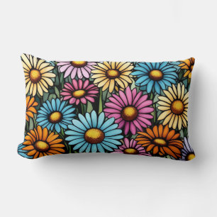 Bohemian Vibrant Daisies - Stained Glass Look Lumbar Pillow