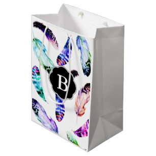 Bohemian Watercolor Feathers & Initial Letter Medium Gift Bag