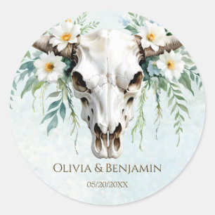 Bohemian Watercolor Floral Cow Skull Wedding Classic Round Sticker
