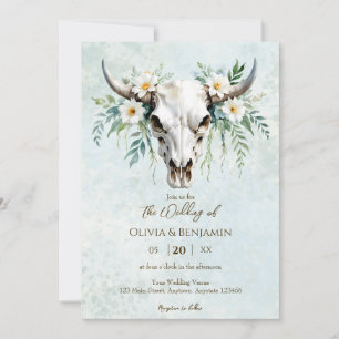 Bohemian Watercolor Floral Cow Skull Wedding Invitation