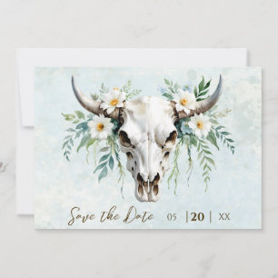 Bohemian Watercolor Floral Cow Skull Wedding Save The Date