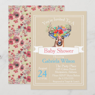 Bohemian Watercolor Floral Deer Girl Baby Shower Invitation