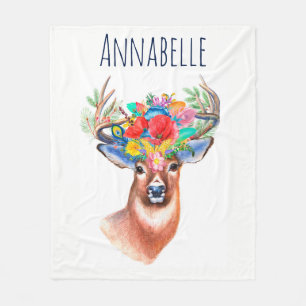 Bohemian Watercolor Floral Deer & Name Fleece Blanket