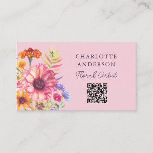 Bohemian Watercolor Florals qr code Business Card