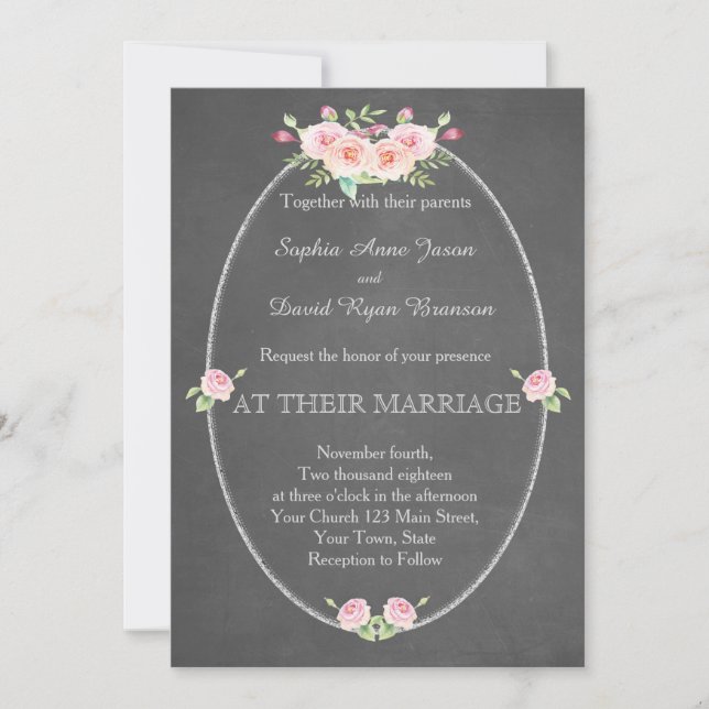 Bohemian Watercolor Flowers Chalk Wedding Invite (Front)