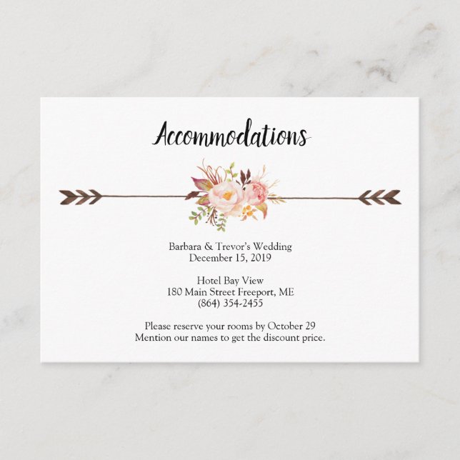 Bohemian Watercolor Flowers Wedding Accommodations Enclosure Card (Front)
