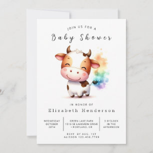  Bohemian Watercolor Fun Cow Baby Shower  Invitation
