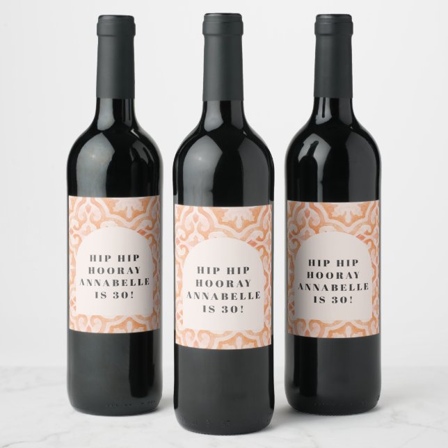 Bohemian watercolor pastel moroccan peachbirthday  wine label (Bottles)