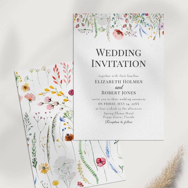 Bohemian Watercolor Wildflower Wedding Invite (Bohemian Watercolor Wildflower Wedding Invite on a white table.)