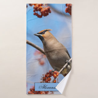 Bohemian Waxwing, Sky Background Bath Towel Set