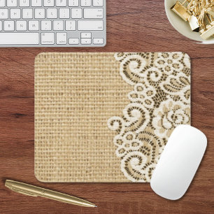 Bohemian Western country rustic burlap and lace Mouse Pad