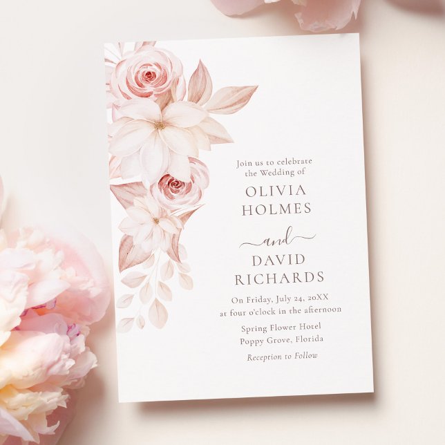 Bohemian White and Pink Roses Wedding Invitation (Bohemian White and Pink Roses Wedding Invitation on a pastel pink table with pale pink peonies.)