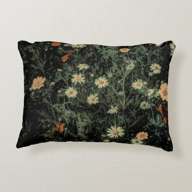 bohemian white daisy wildflower black floral accent pillow (Back)