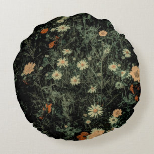 bohemian white daisy wildflower black floral round pillow