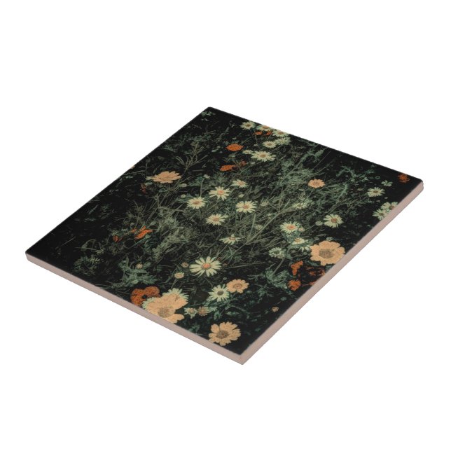 bohemian white daisy wildflower black floral tile (Side)