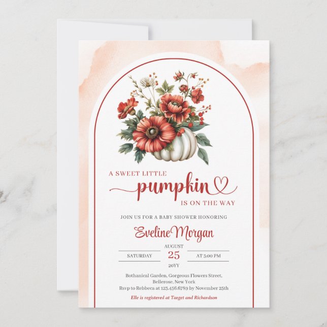 Bohemian white pumpkin red burgundy fall flowers invitation (Front)