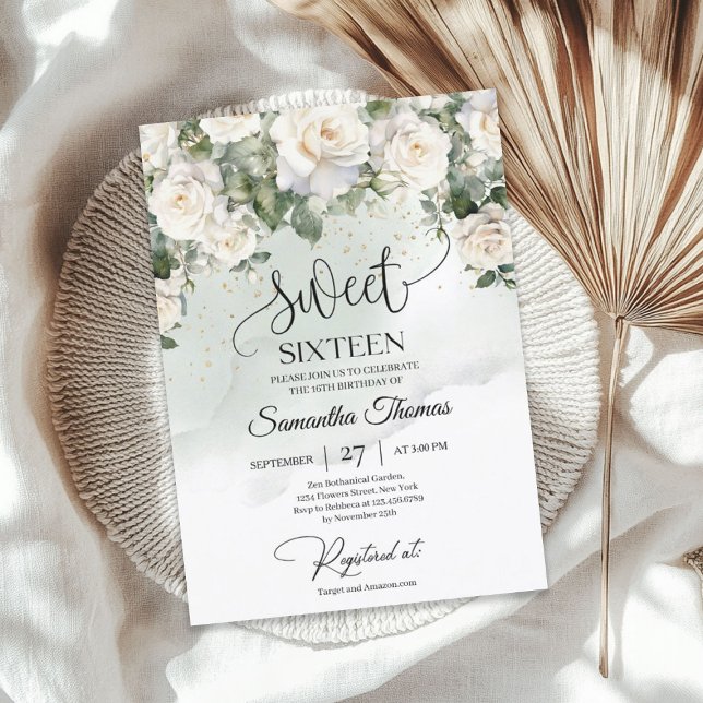 Bohemian white roses and eucalyptus greenery gold invitation (Bohemian white roses and eucalyptus greenery gold invitation)