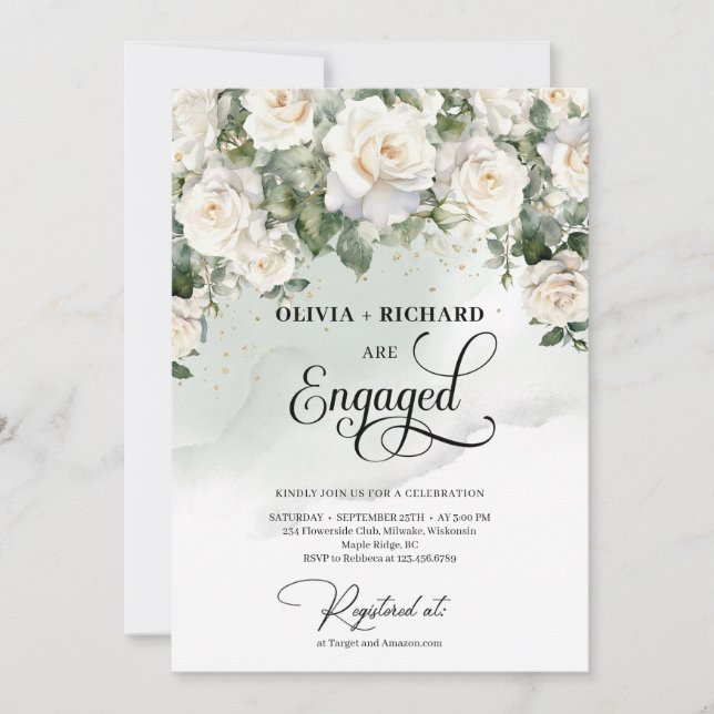 Bohemian white roses and greenery and gold invitation (Front)