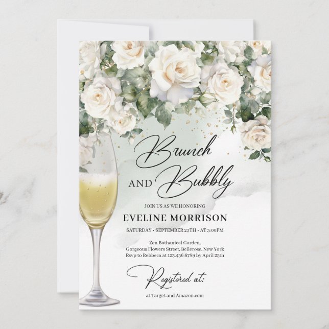 Bohemian white roses eucalyptus brunch and bubbly  invitation (Front)
