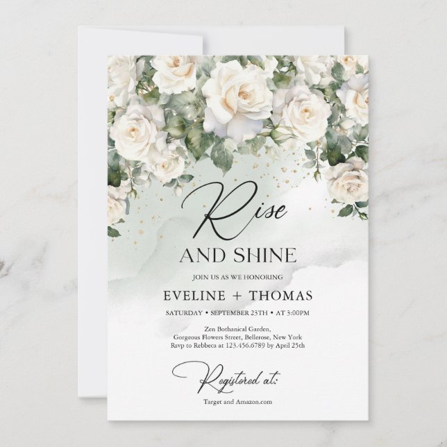 Bohemian white roses eucalyptus rise and shine invitation (Front)