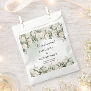 Bohemian white roses greenery and gold wedding favour bag