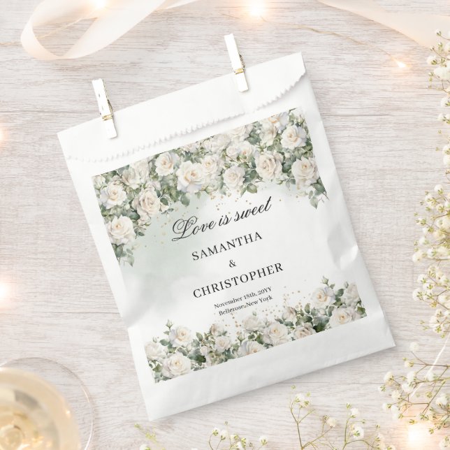 Bohemian white roses greenery and gold wedding favour bag (Clipped)