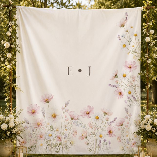 Bohemian Wildflowers Monogram Wedding Backdrop Tapestry (Bohemian Wildflowers Monogram Wedding Backdrop)