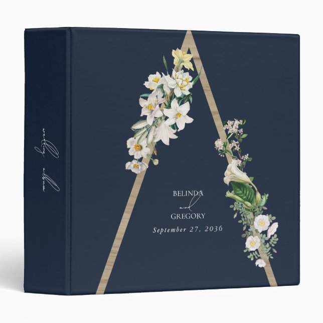 Bohemian Wood Pyramid Florals Blue Wedding Album Binder (Front/Spine)