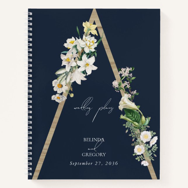 Bohemian Wood Pyramid Florals Blue Wedding Planner Notebook (Front)