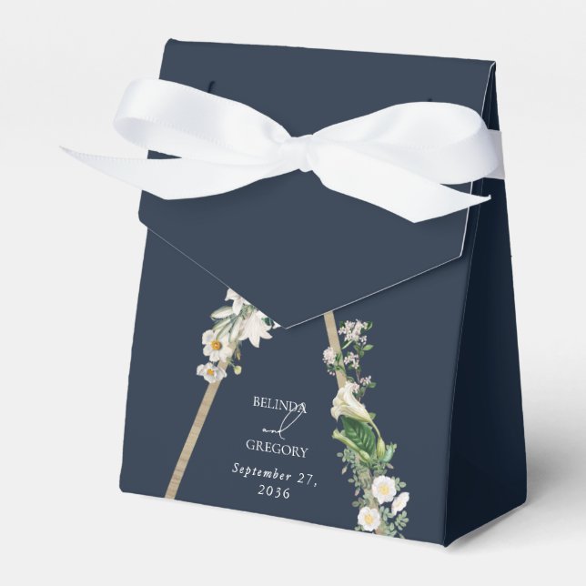 Bohemian Wood Pyramid White Florals Blue Wedding Favor Box (Front Side)