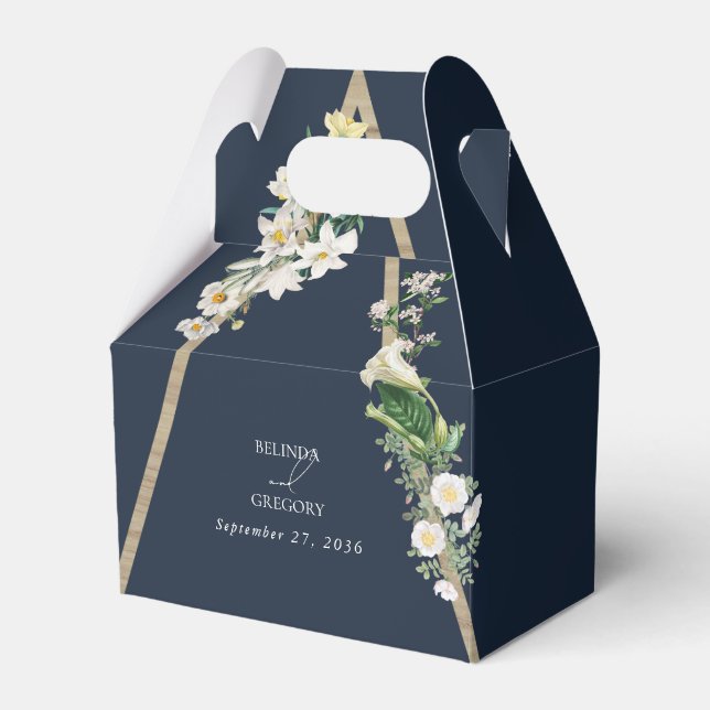 Bohemian Wood Pyramid White Florals Blue Wedding Favor Box (Front Side)