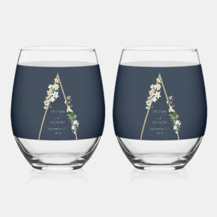 Bohemian Wood Pyramid White Florals Blue Wedding Stemless Wine Glass