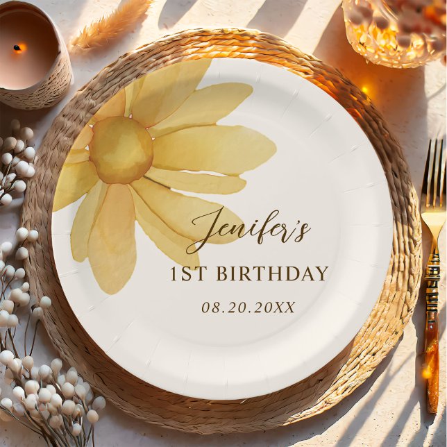 Bohemian Yellow Daisy Floral Birthday Party Paper Plate (Creator Uploaded)