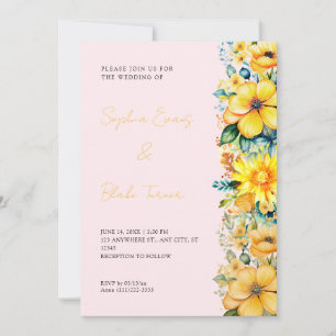 Bohemian Yellow Floral Pink Wedding Invitation