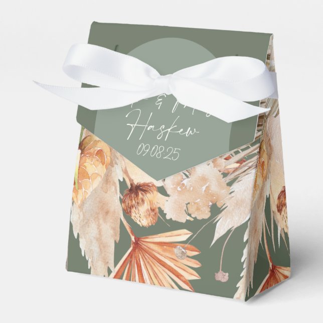 Bohenian boho sage green wedding favor box (Front Side)