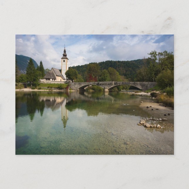 Bohinj lake with church in Slovenia postcard (Front)
