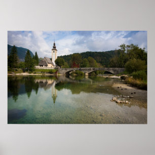 Bohinj lake with church in Slovenia poster