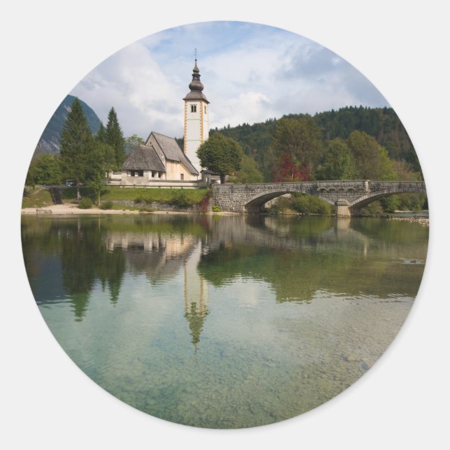 Bohinj lake with church in Slovenia round sticker (Front)