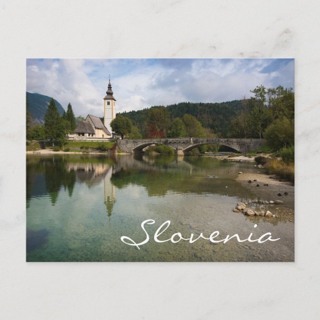 Bohinj lake with church in Slovenia text postcard (Front)