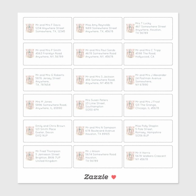 Boho 18 Individual Name Address Wedding Guests (Sheet)