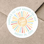 Boho 1st Trip Around The Sun Classic Round Sticker<br><div class="desc">This round sticker design features a vibrant sun at the centre, with the cheerful phrase "Thank You!" placed right on top. The sun's rays shine in a colourful mix of yellow, orange, red, teal, and blue, bringing warmth and joy to your celebration. Encircling the sun, "First Trip Around The Sun"...</div>