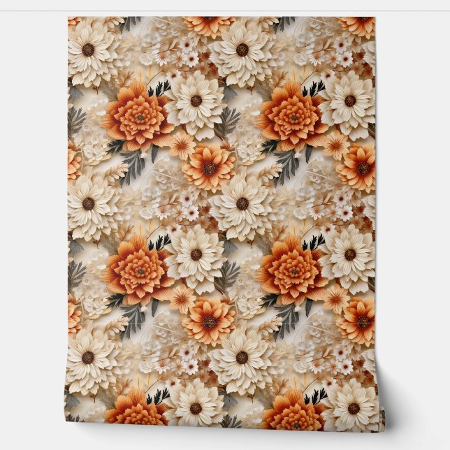 Boho 3d fall autumn wildflowers terracotta rusty wallpaper (Unrolling)