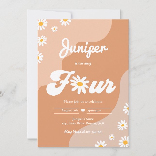 Boho 4th Birthday Daisy Floral Groovy 70's Party Invitation (Front)